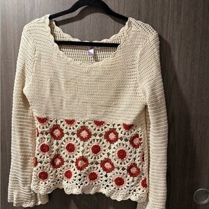 Alya Crochet Cream and Red Floral Sweater Size M
